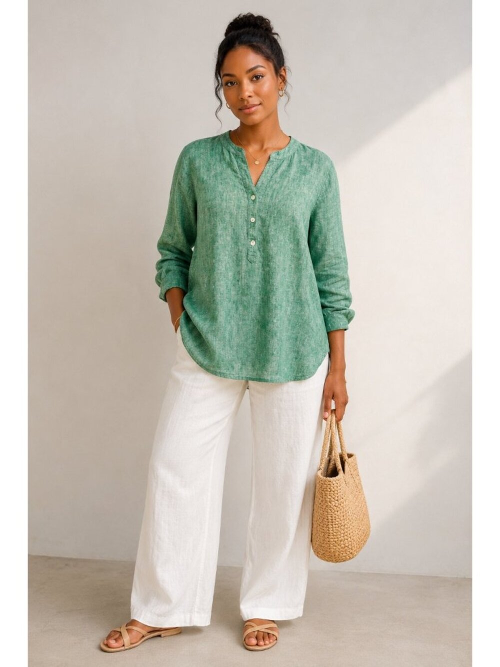 Talbots Linen Blend Tunic Top Women’s Large Green Split Neck Long Sleeve Casual
